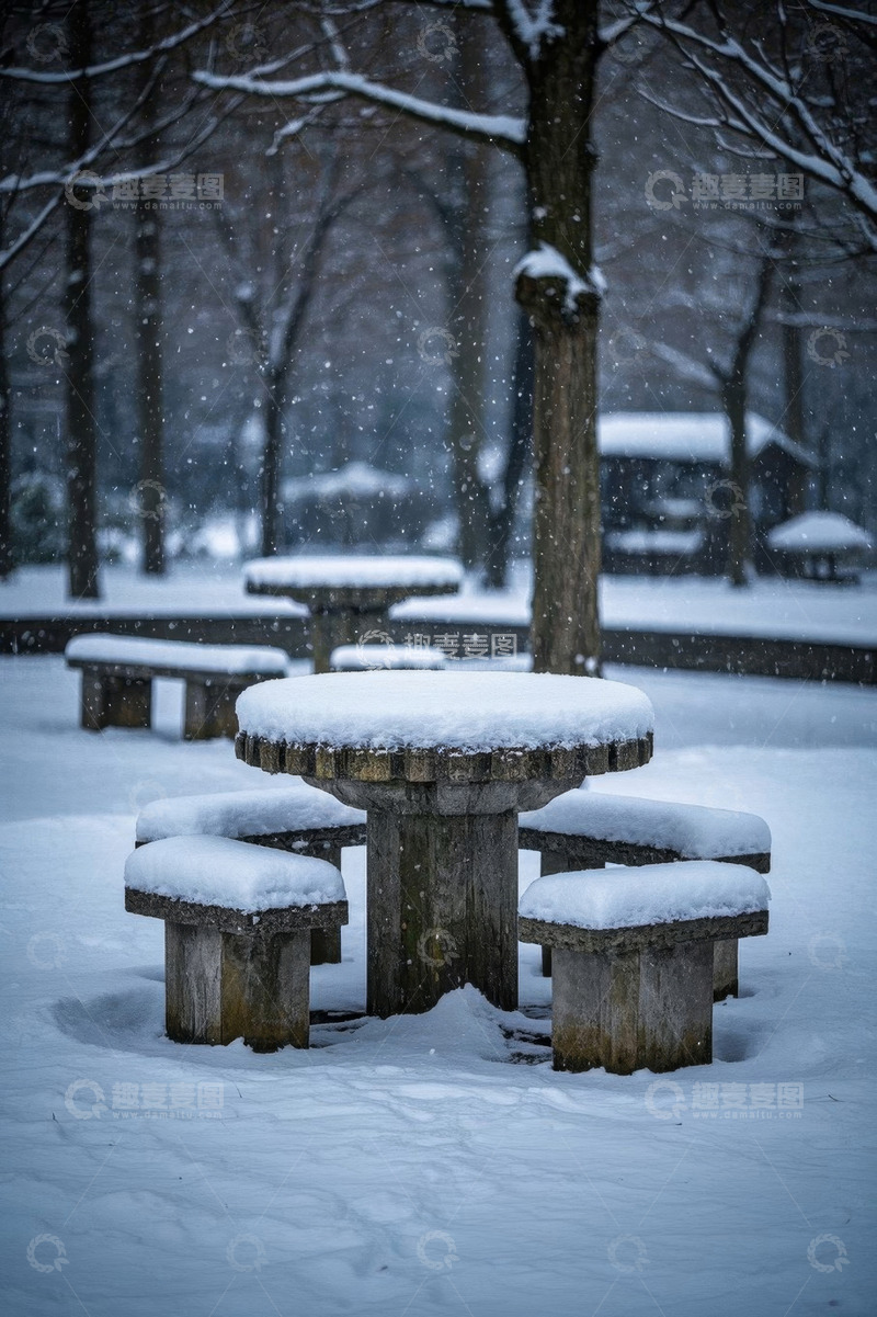 高清大图下载【趣麦麦图】公园雪景中的石桌石凳