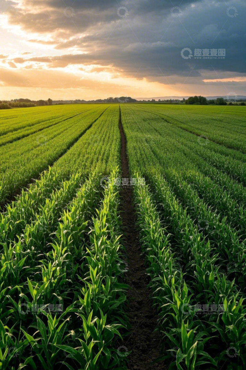 高清大图下载【趣麦麦图】黄昏下的绿色农田景观
