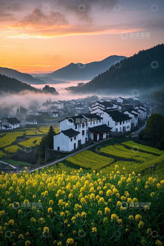 山村油菜花田与徽派建筑景观