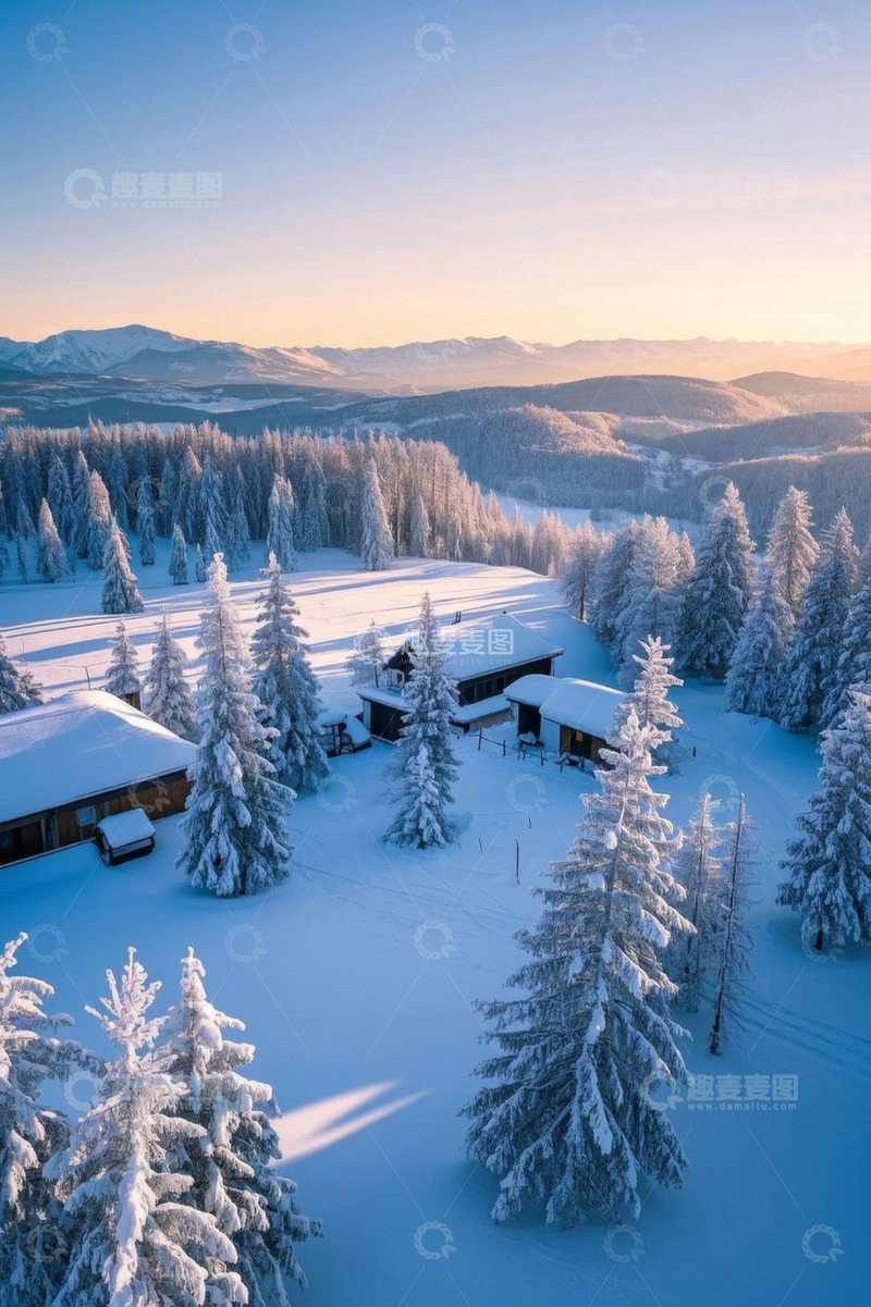 高清大图下载【趣麦麦图】雪中山林木屋冬日景色