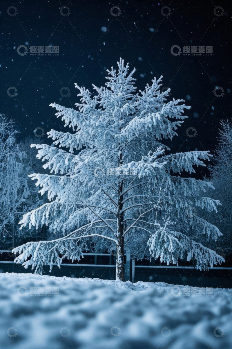 高清大图下载【趣麦麦图】雪夜中的积雪松树景观