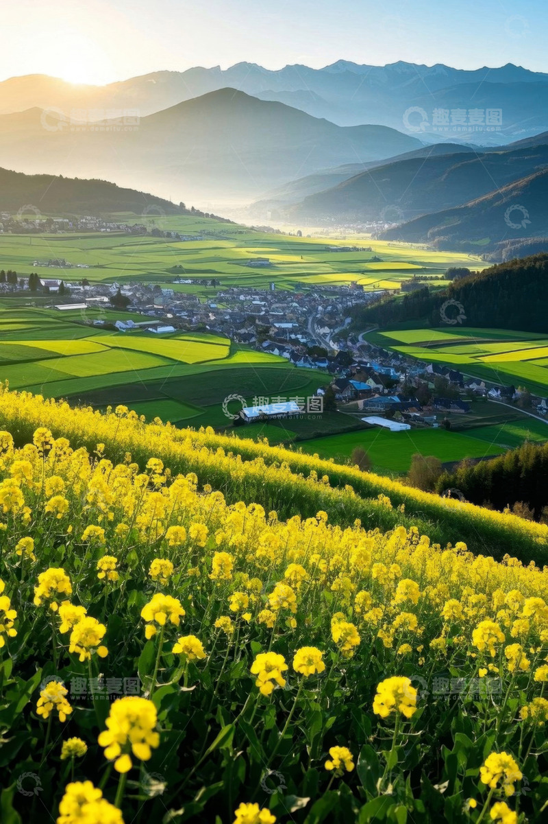 高清大图下载【趣麦麦图】田野间村庄与大片黄色油菜花