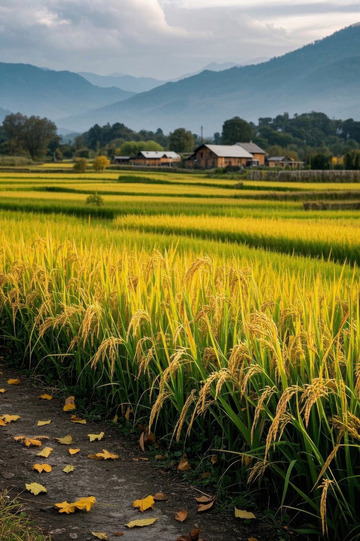 田野间金黄稻田与远处农舍