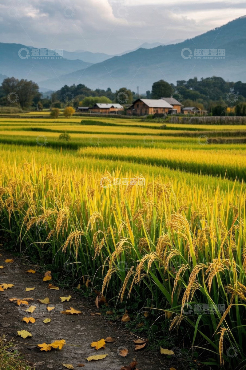 高清大图下载【趣麦麦图】-田野间金黄稻田与远处农舍