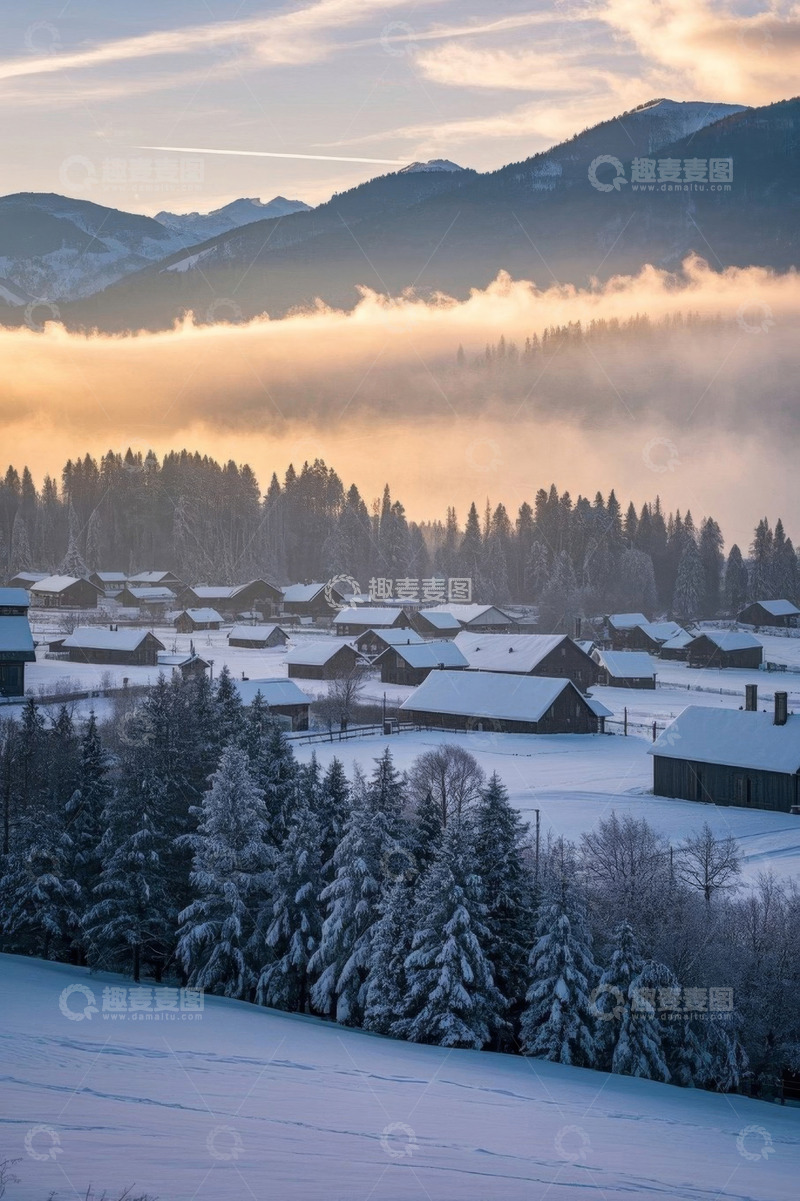 高清大图下载【趣麦麦图】雪中山间村落晨景
