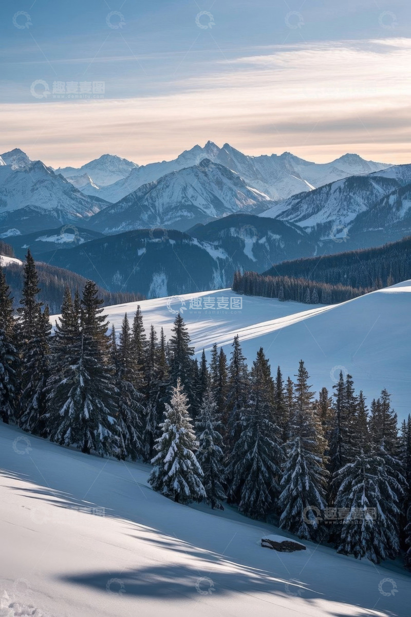 高清大图下载【趣麦麦图】雪山下的森林雪景风光