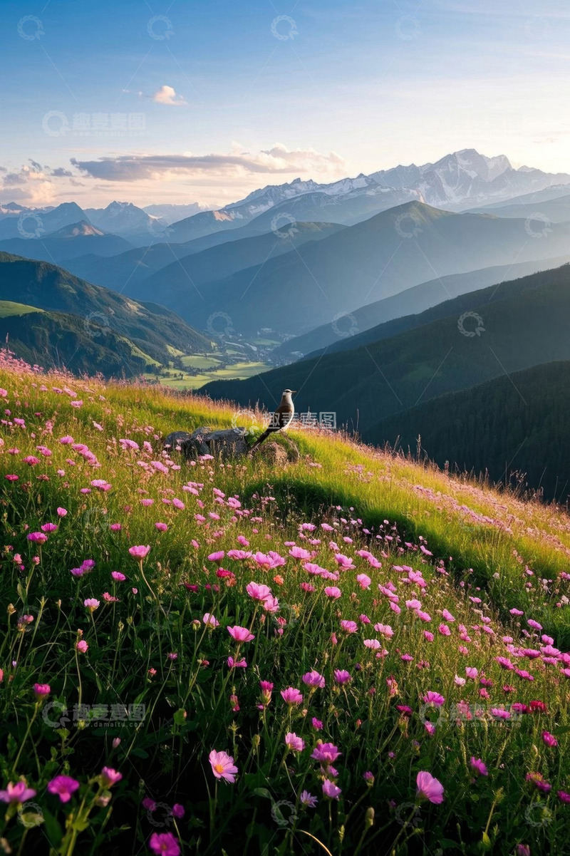 高清大图下载【趣麦麦图】山间花海中的鸟