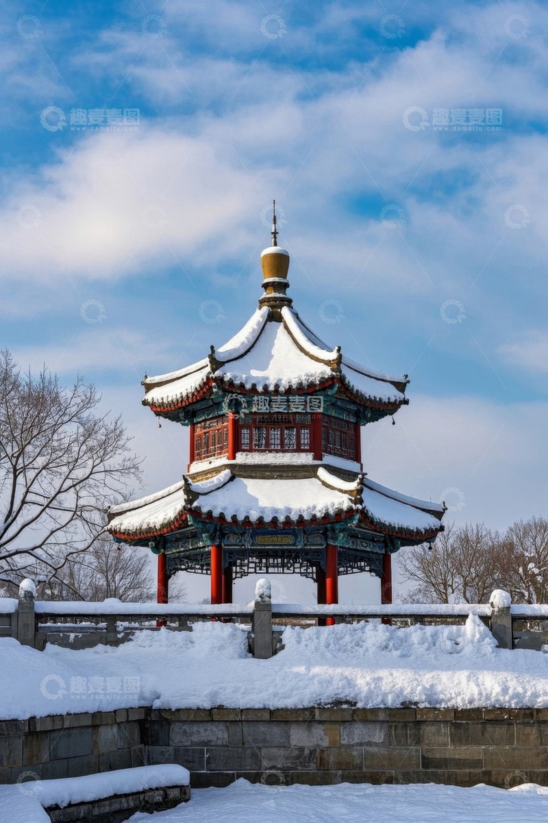 高清大图下载【趣麦麦图】雪中中式古亭风景