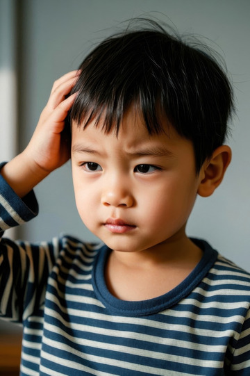 可爱男童用手挠头思考