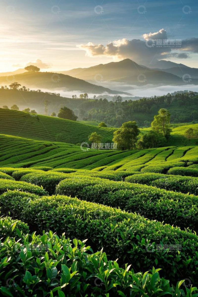 高清大图下载【趣麦麦图】山坡上的绿色茶园风景