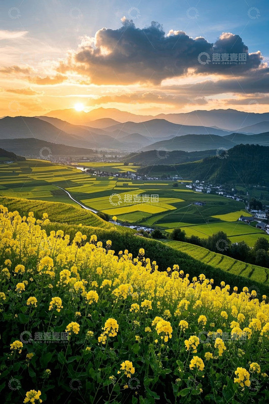 田园风光日落时油菜花田景致