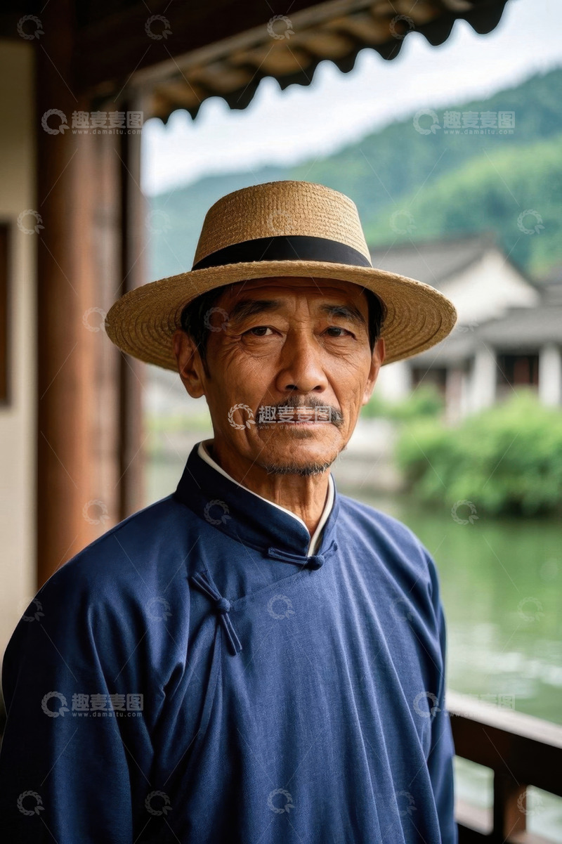 高清大图下载【趣麦麦图】一位穿着蓝色长袍的老年男子
