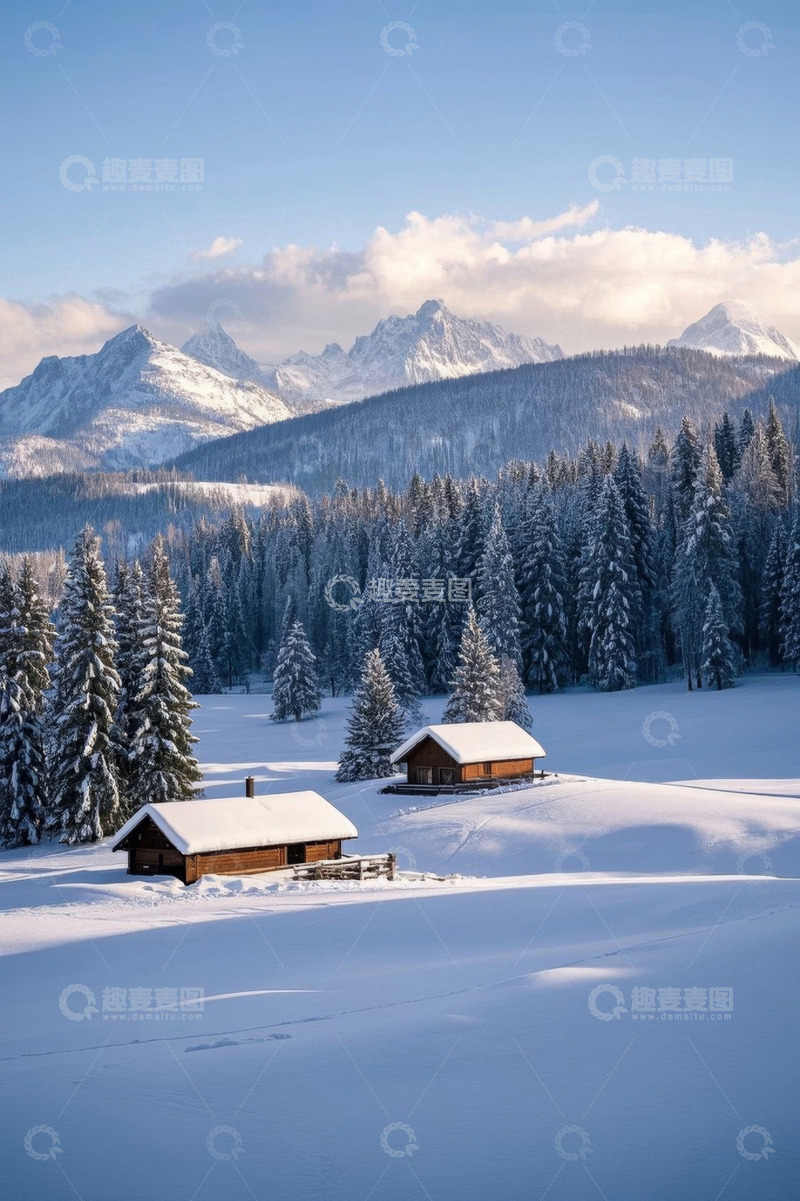 高清大图下载【趣麦麦图】雪山下的雪林木屋冬日景象