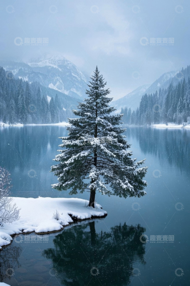 高清大图下载【趣麦麦图】雪覆孤树的冬日湖景