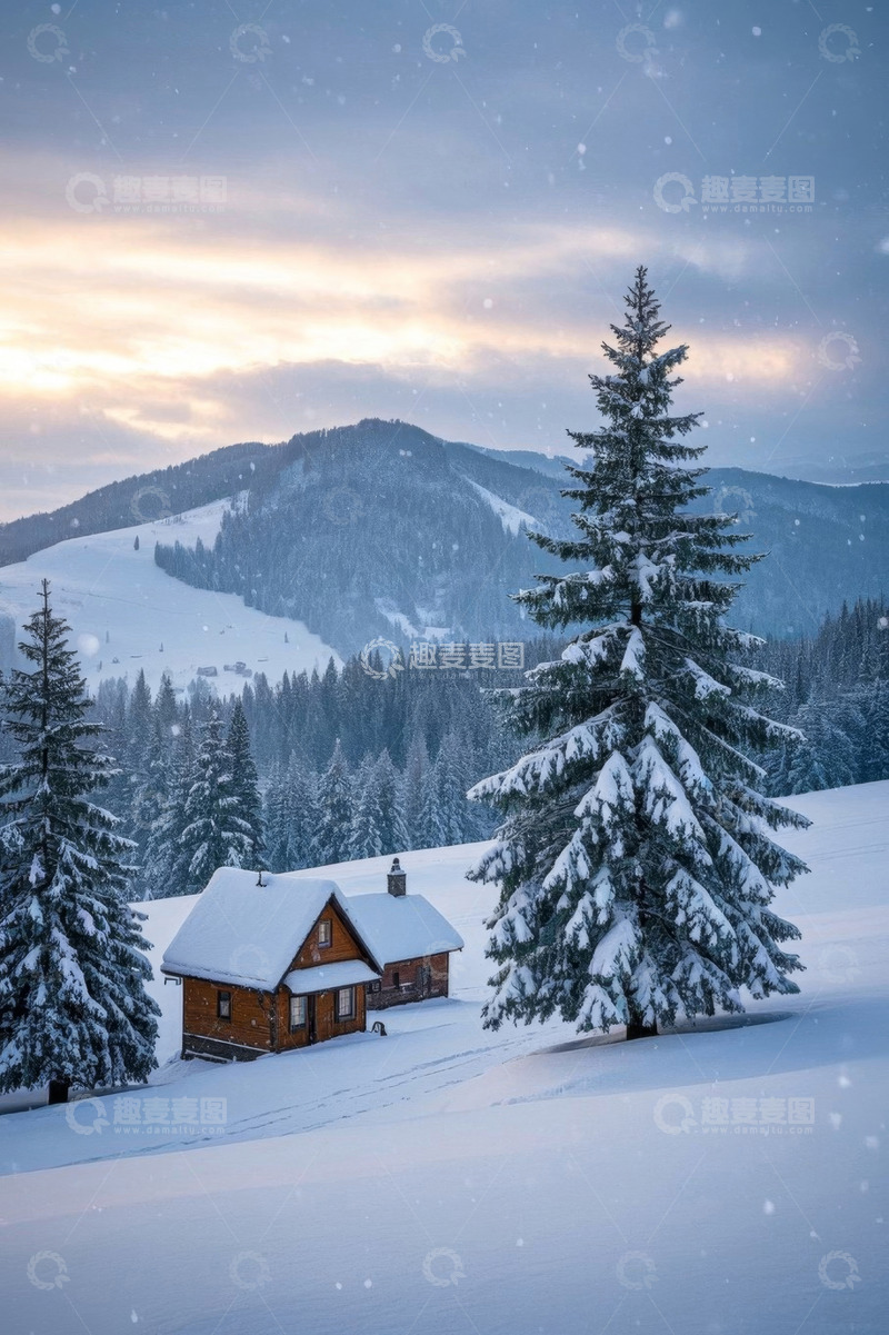 高清大图下载【趣麦麦图】雪山下的木屋与松林雪景