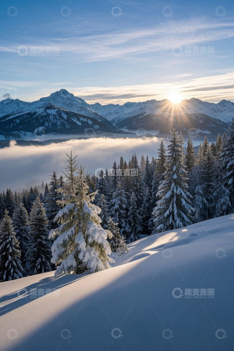 高清大图下载【趣麦麦图】雪山森林日出自然景观