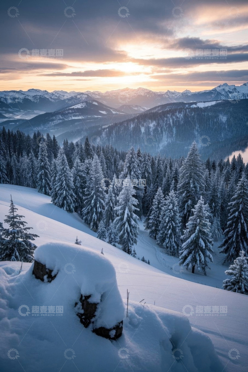 高清大图下载【趣麦麦图】雪山森林日出全景