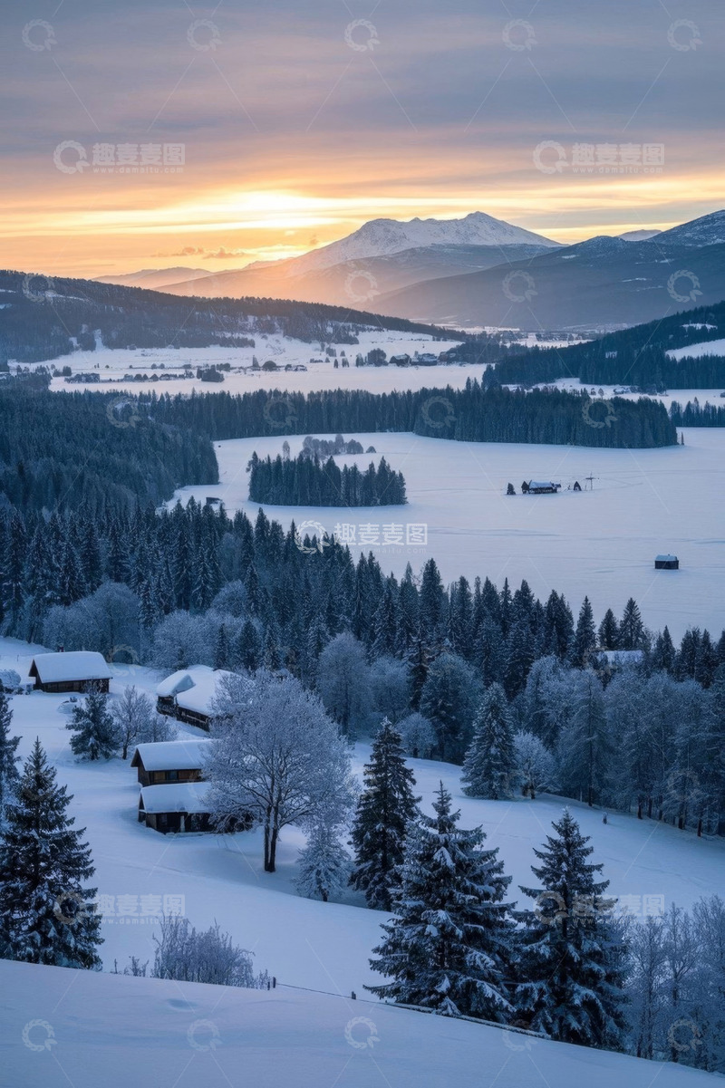 高清大图下载【趣麦麦图】冬日山林雪景日落全景