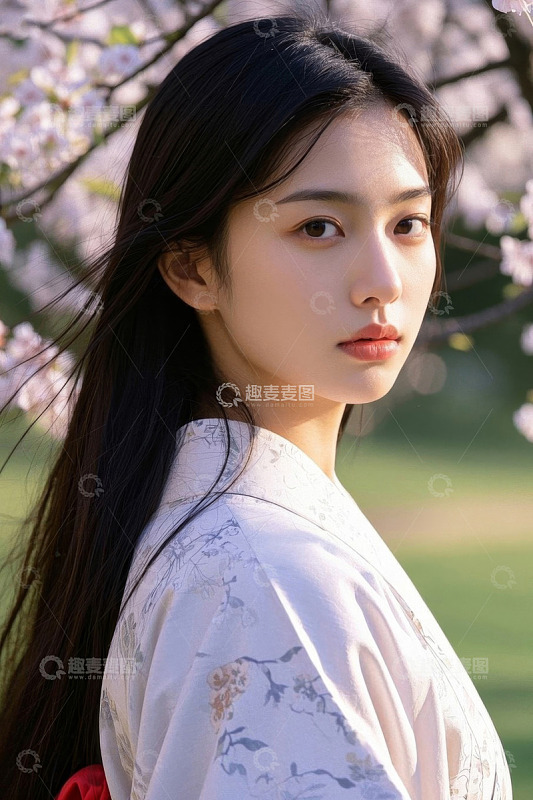 樱花树下和服少女回眸一笑