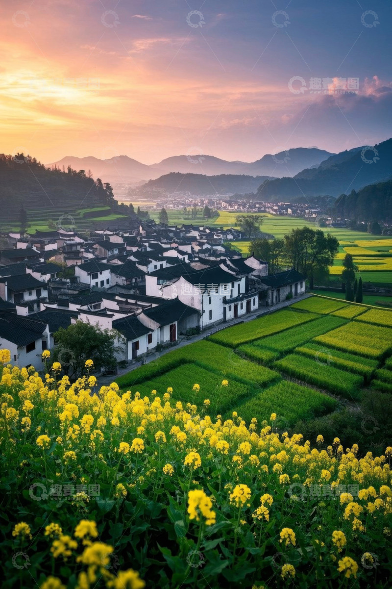 高清大图下载【趣麦麦图】婺源乡村油菜花田日落景致