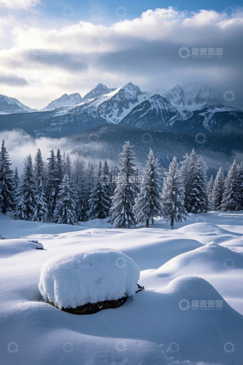 高清大图下载【趣麦麦图】雪山下的冬日森林雪景