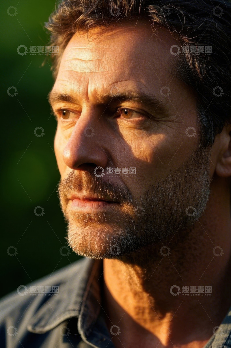 高清大图下载【趣麦麦图】中年男子侧脸特写阳光洒照