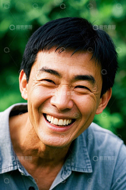 笑容灿烂的亚洲中年男子户外写真