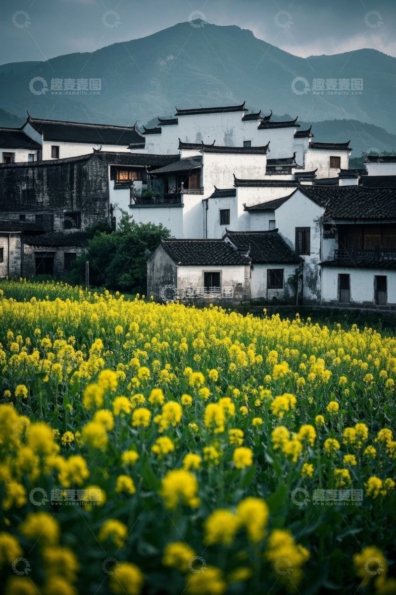 高清大图下载【趣麦麦图】乡村油菜花田旁的传统民居