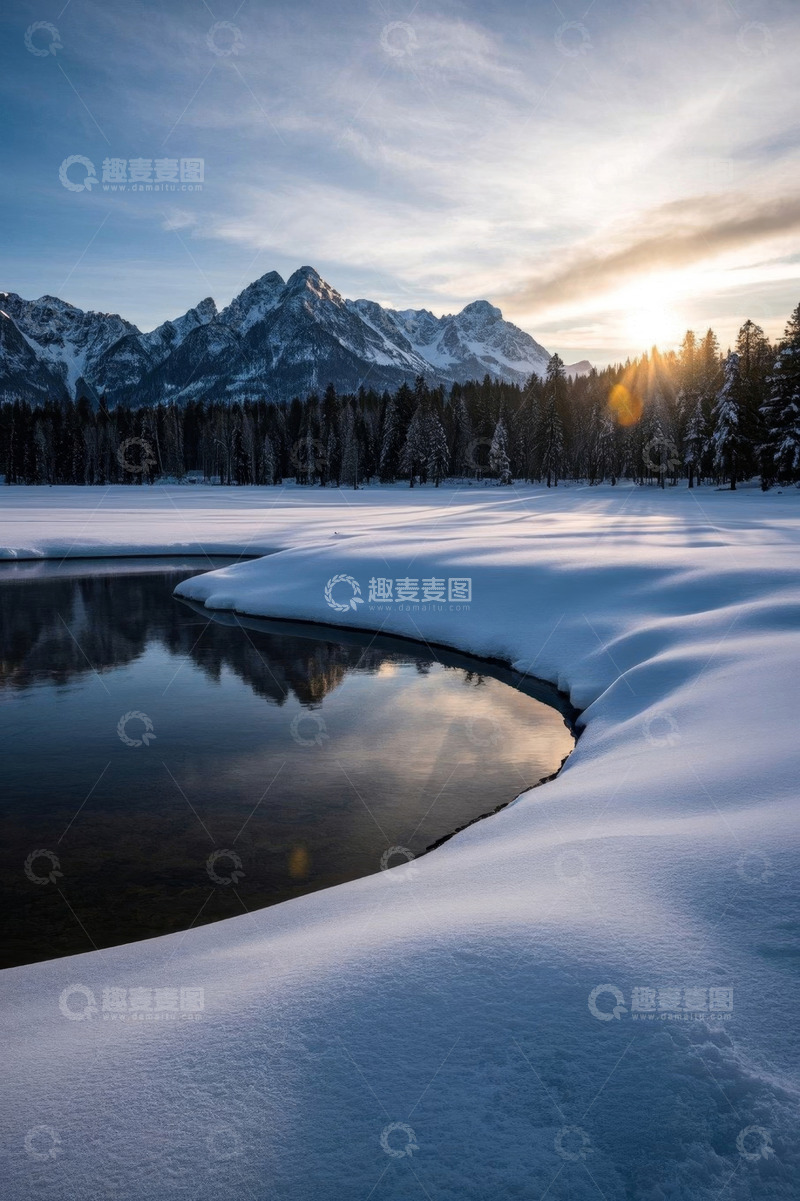 高清大图下载【趣麦麦图】雪山下雪地与湖泊的冬日风光