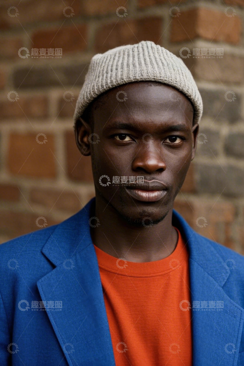 高清大图下载【趣麦麦图】深色皮肤男子穿着蓝色外套和灰色帽子