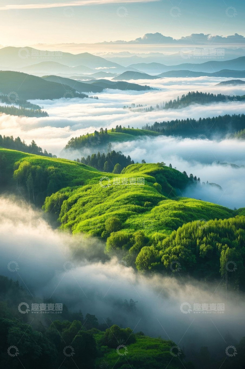 高清大图下载【趣麦麦图】山间晨雾中葱郁森林景观