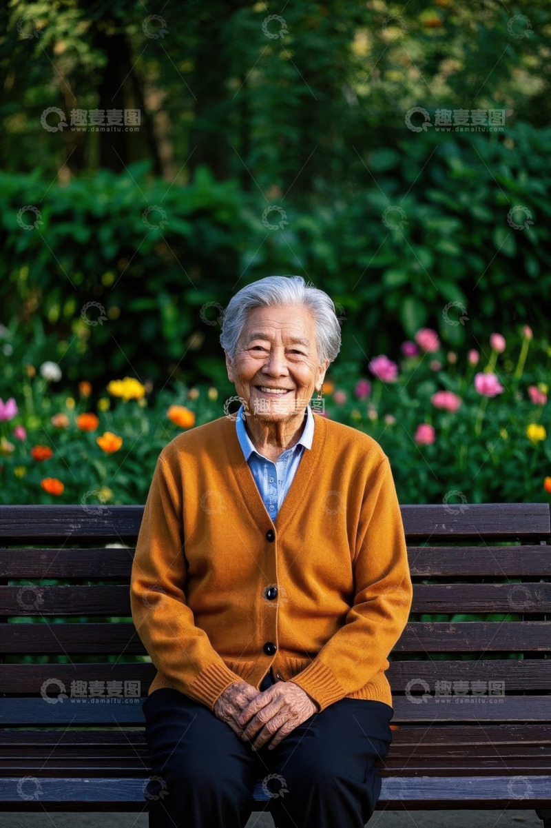 高清大图下载【趣麦麦图】公园长椅上微笑的老年女性