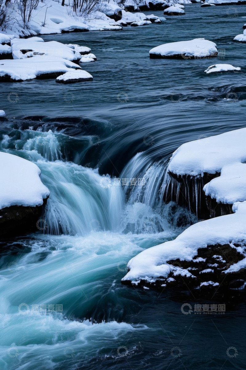 高清大图下载【趣麦麦图】冬日溪流雪景自然景观
