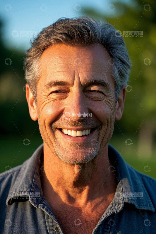 户外阳光下笑容灿烂的中年男子