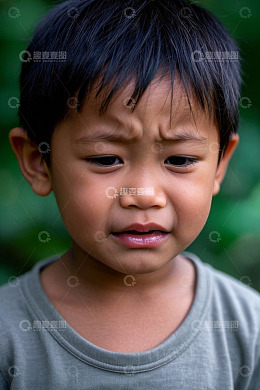 忧郁的小男孩低头沉思