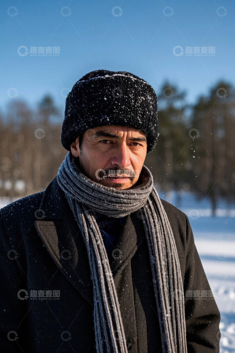 高清大图下载【趣麦麦图】冬季雪景中一位中年男子肖像