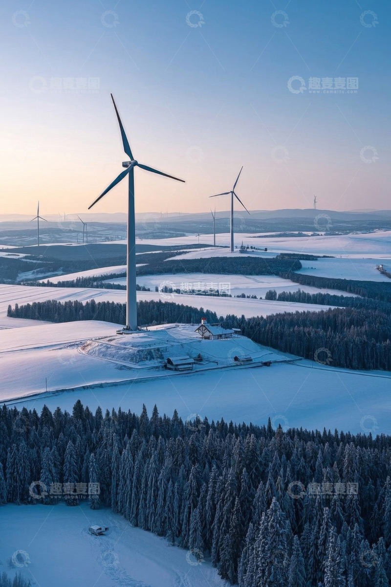 高清大图下载【趣麦麦图】雪地中的风力发电机航拍图