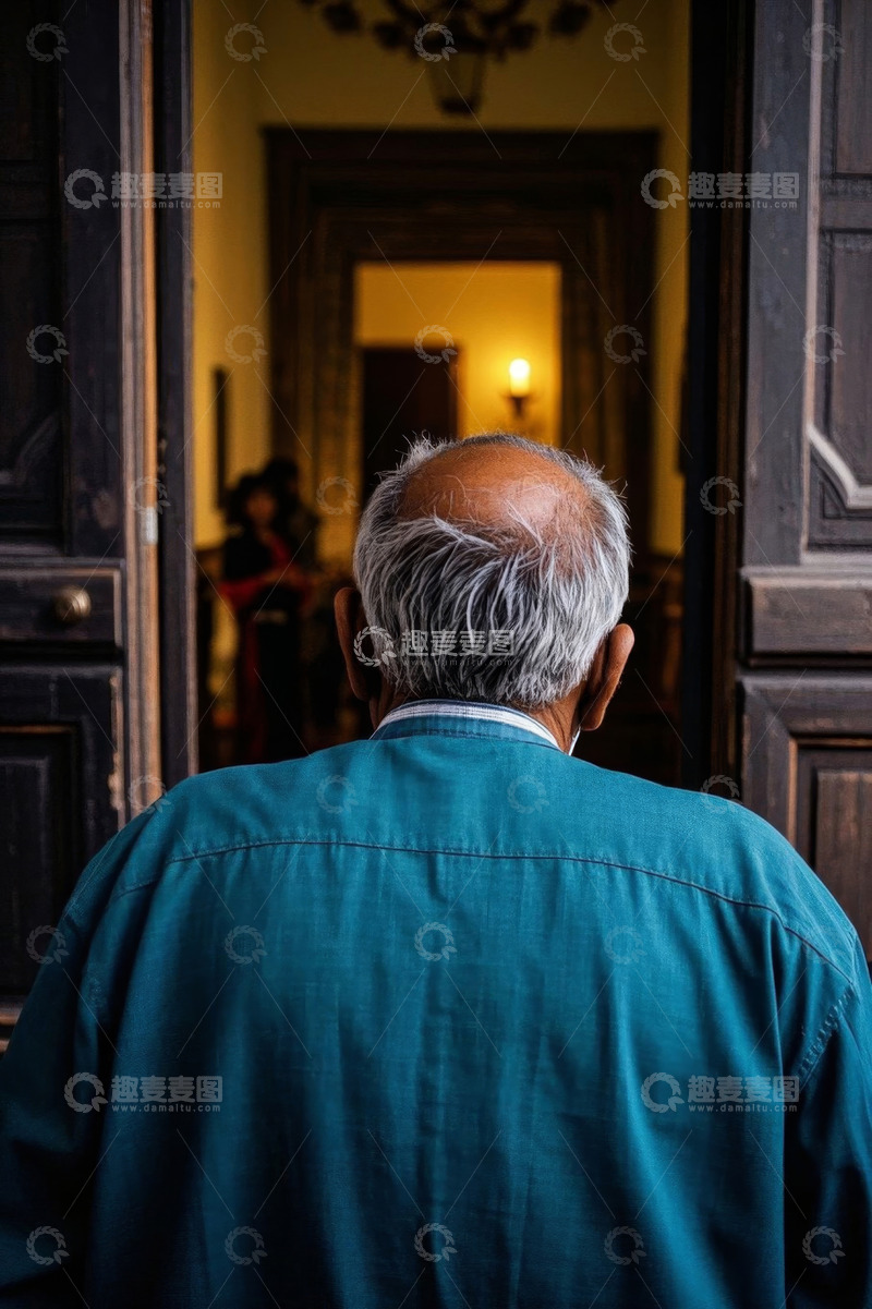 高清大图下载【趣麦麦图】老年男子背影站在门口眺望远方