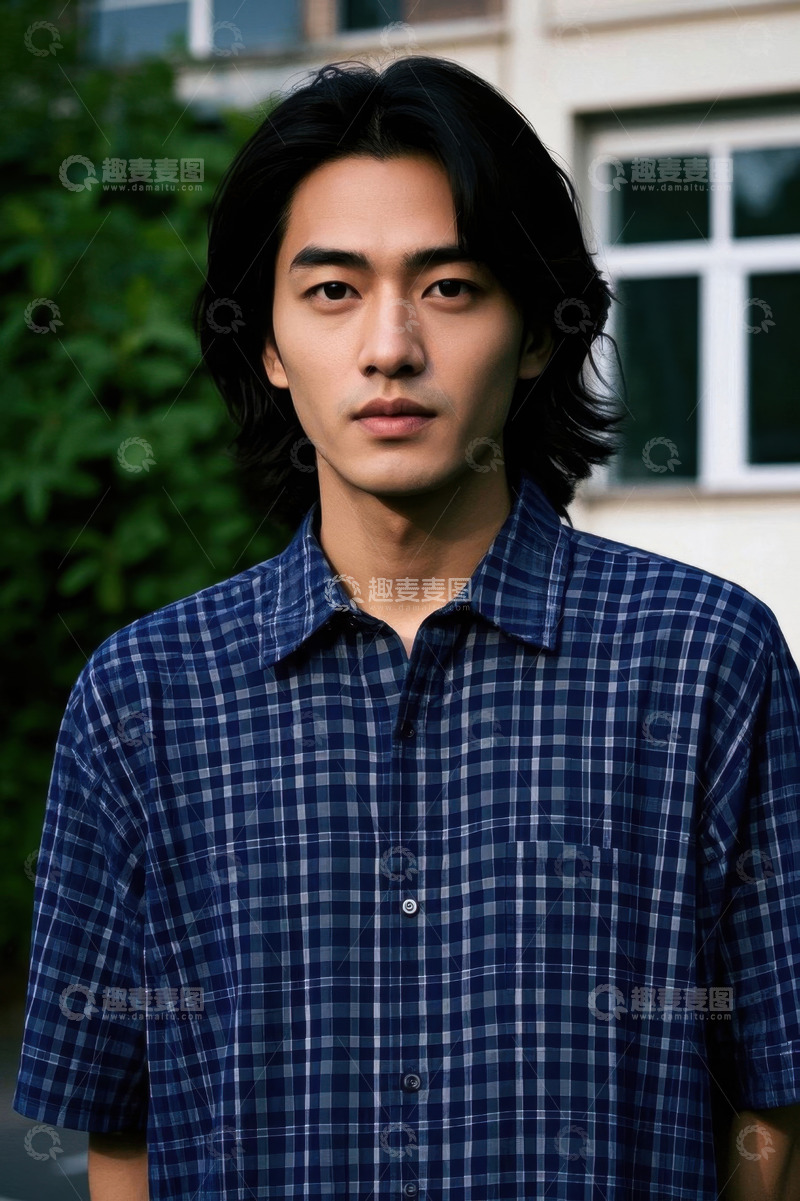 高清大图下载【趣麦麦图】青年男子户外肖像照蓝色格子衬衫