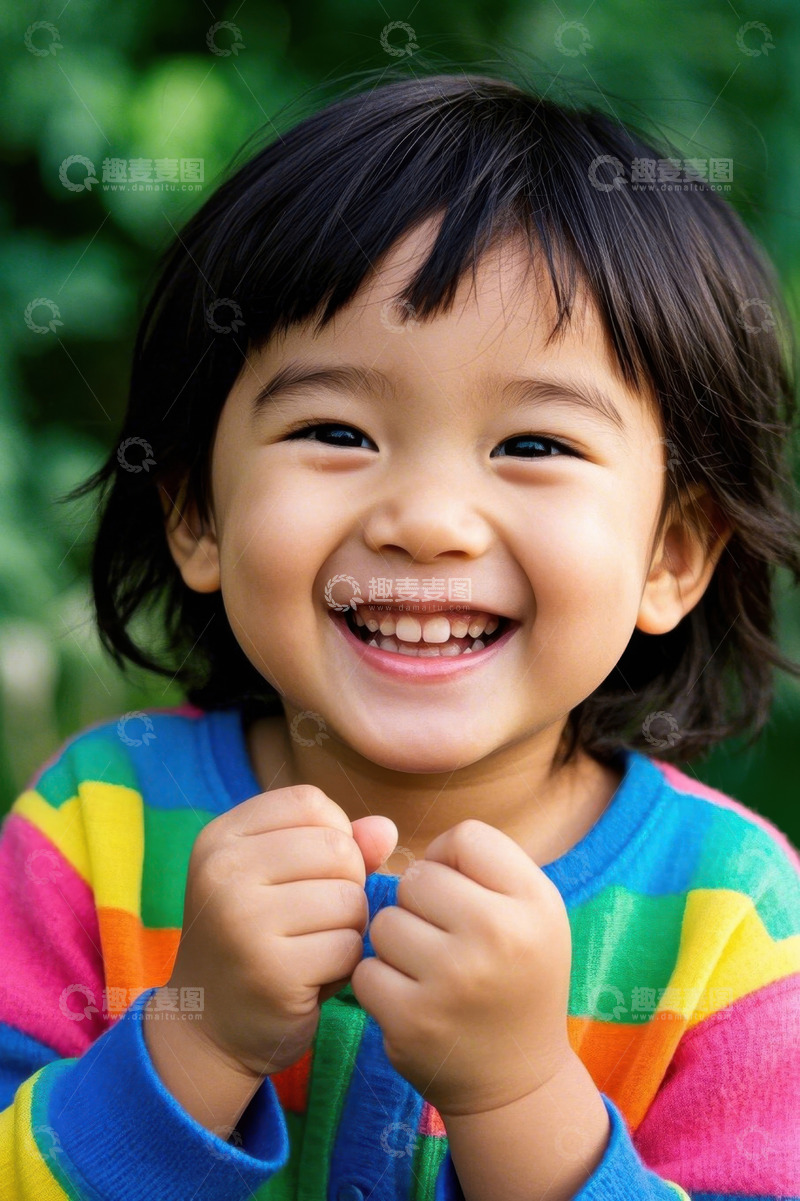 高清大图下载【趣麦麦图】快乐笑容的彩虹衫小女孩
