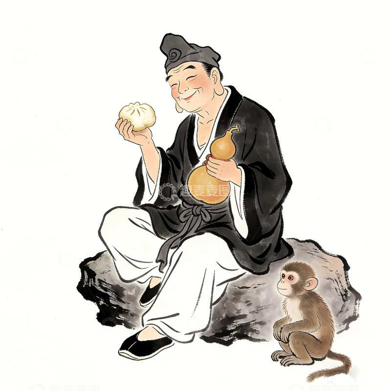 高清大图下载【趣麦麦图】拿着包子和酒壶的济公