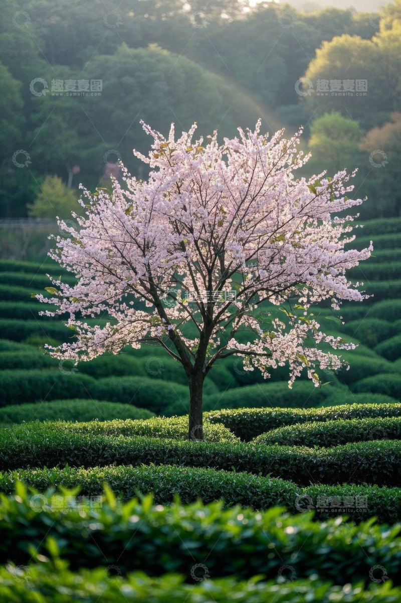 高清大图下载【趣麦麦图】茶园中盛开的樱花树