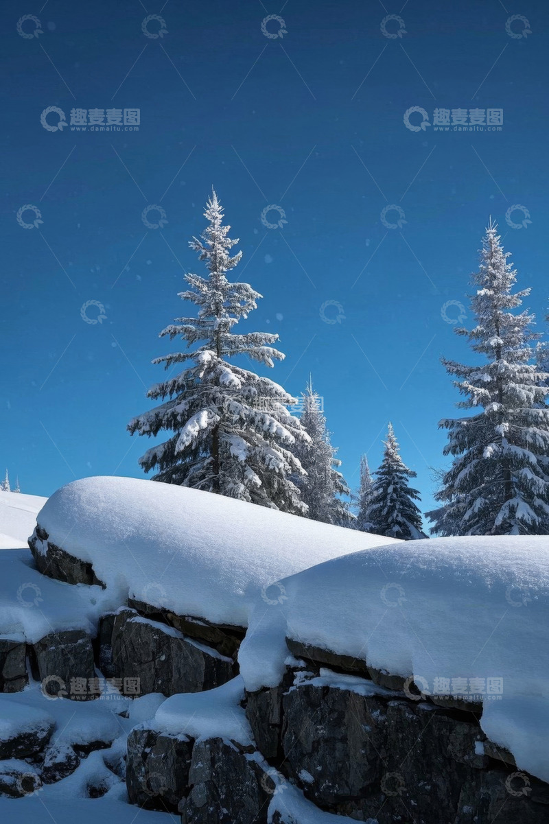 高清大图下载【趣麦麦图】雪覆森林与岩石的户外景致