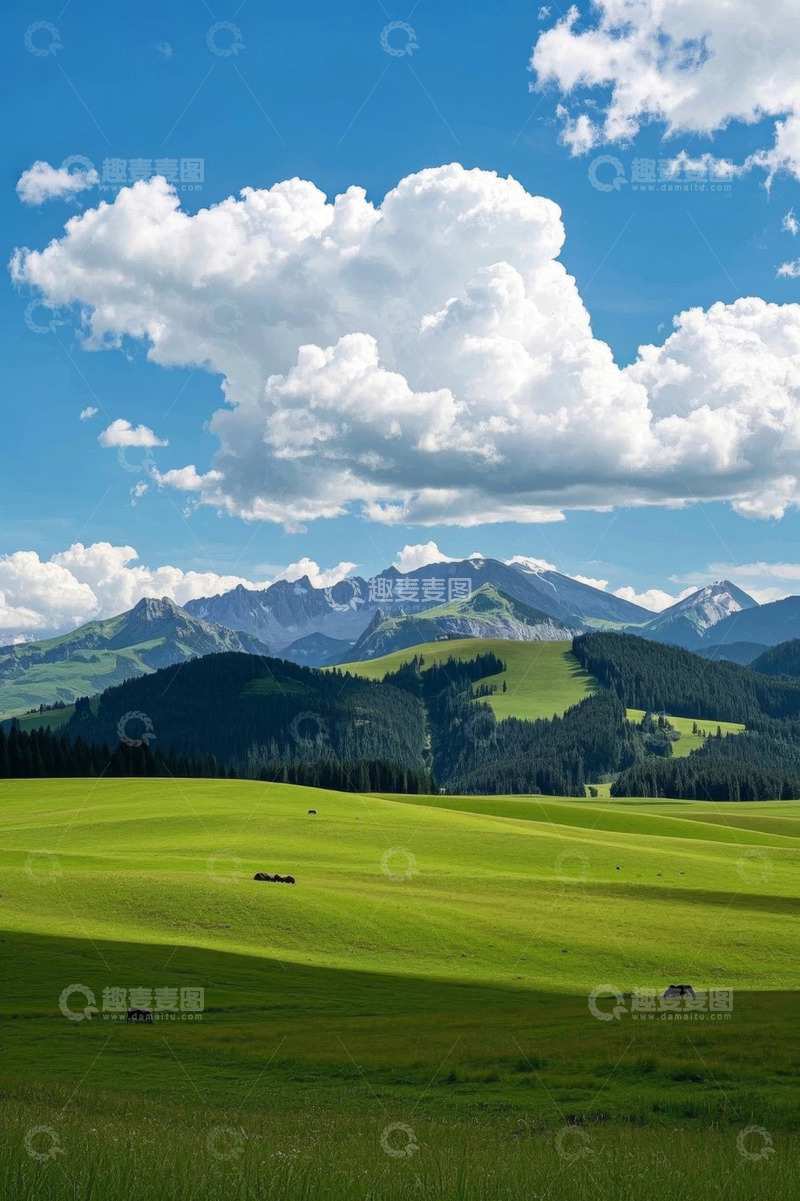 高清大图下载【趣麦麦图】草原蓝天白云与远处山脉风景