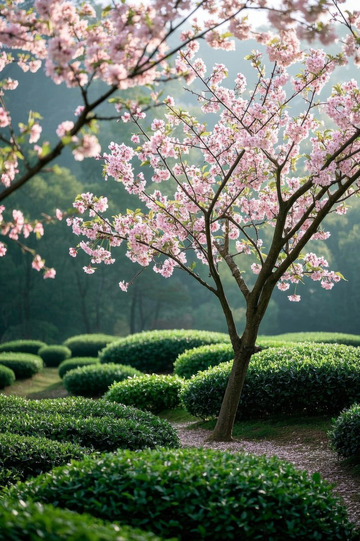 盛开的樱花树与绿植景观