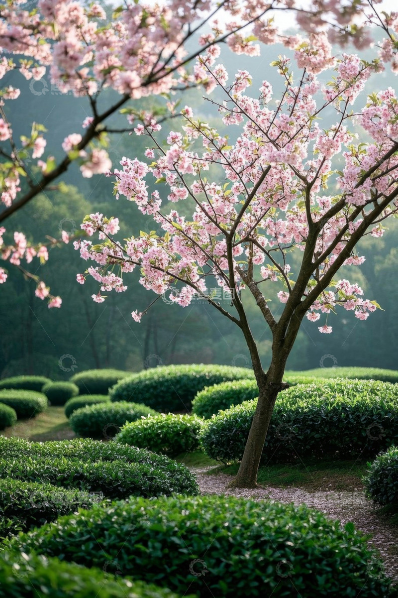 高清大图下载【趣麦麦图】盛开的樱花树与绿植景观