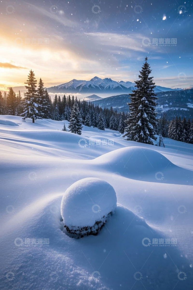 高清大图下载【趣麦麦图】雪覆盖的山林景观