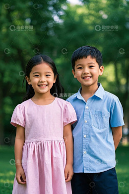 可爱兄妹在公园里玩耍