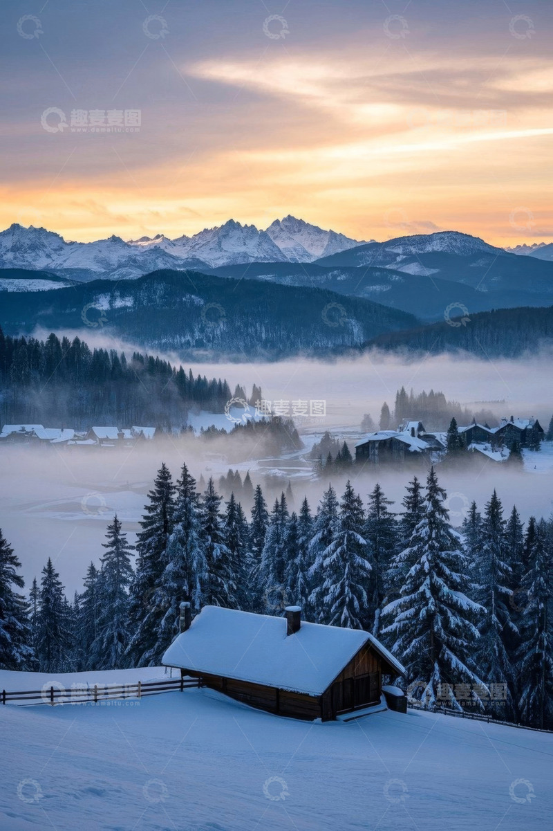 高清大图下载【趣麦麦图】雪山下被雪覆盖的森林与小屋