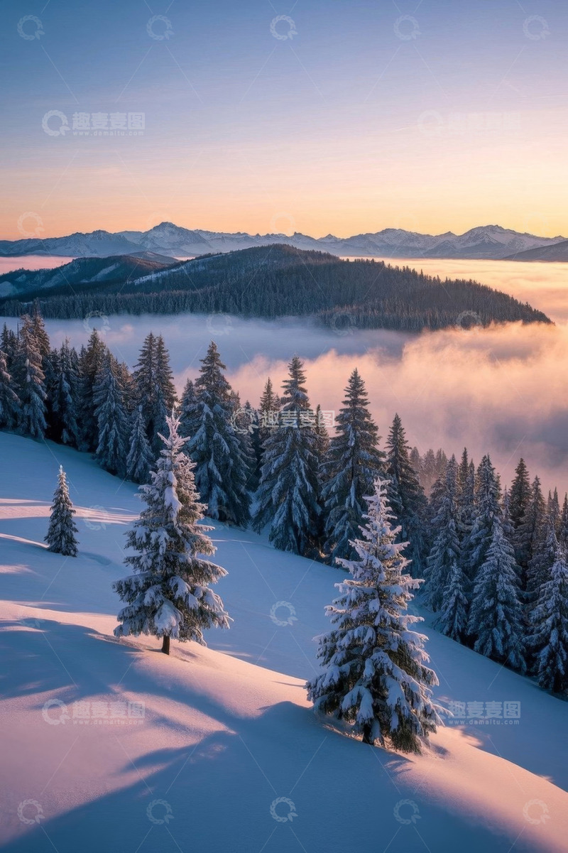 高清大图下载【趣麦麦图】雪后山林日出自然景观